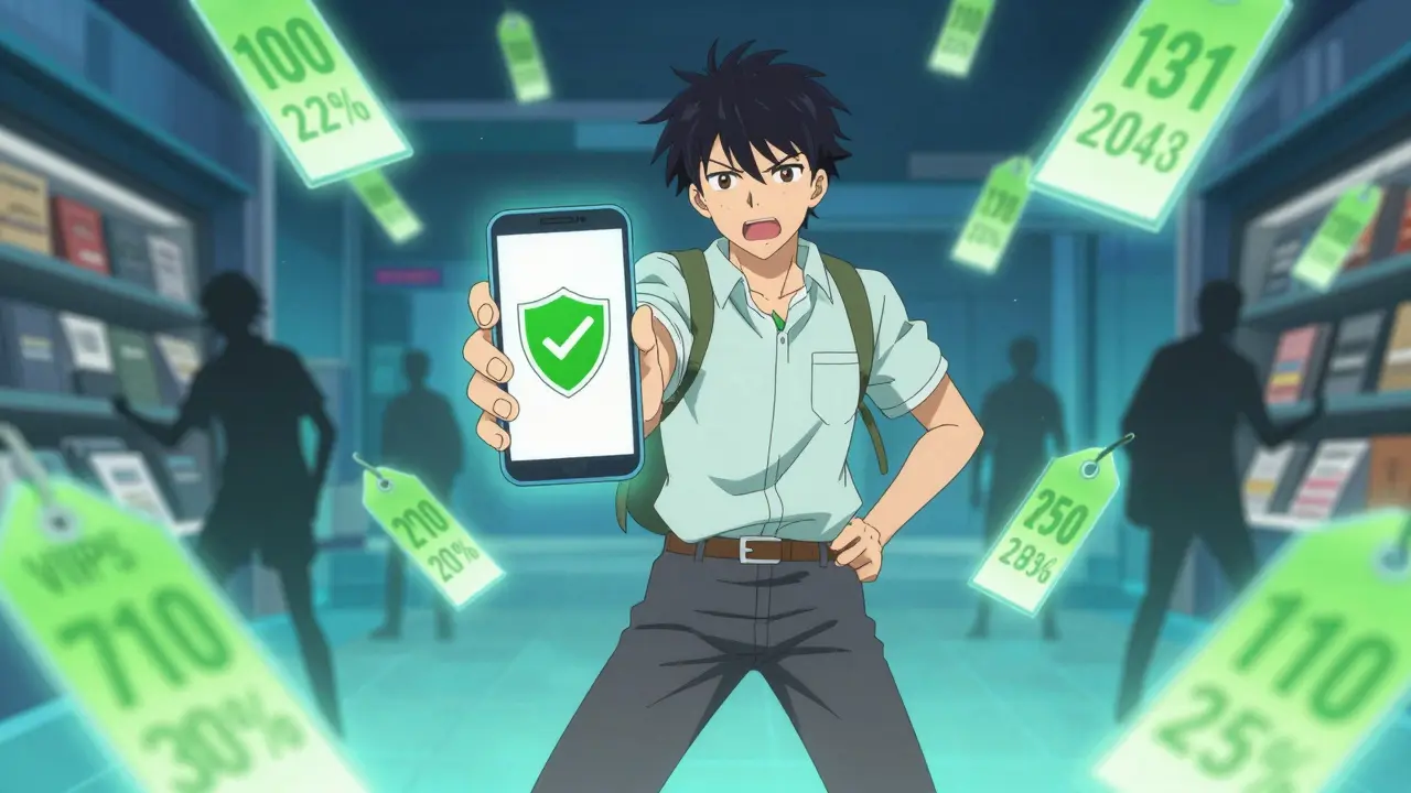 Anime shopper verifying safe online pharmacy with shield icon and falling price tags