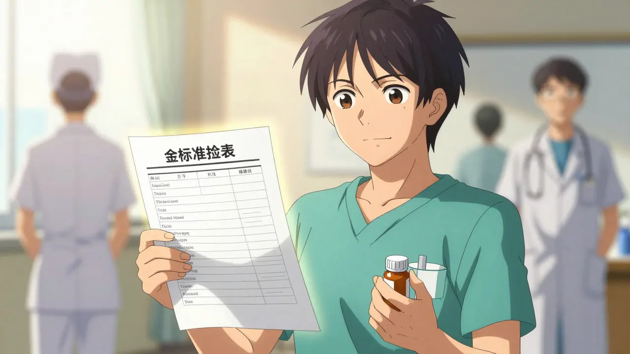 Confident patient holding a master medication list and pill bottles.