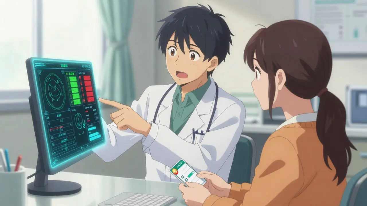 Doctor explaining antibiotic risks to a patient using a digital medical chart.