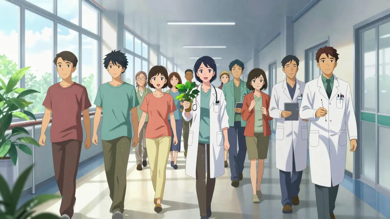 Doctors and patients walking together in a bright, modern hospital.