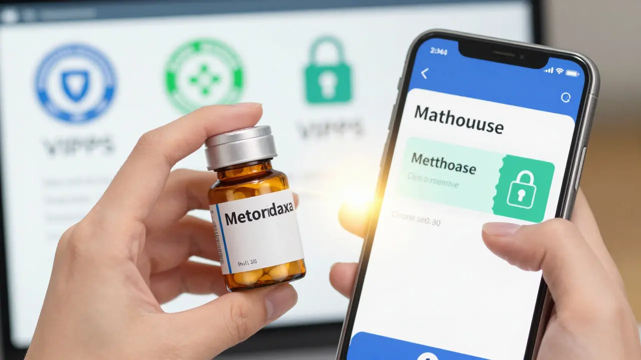 Hand holding generic medication bottle with discount coupon on phone