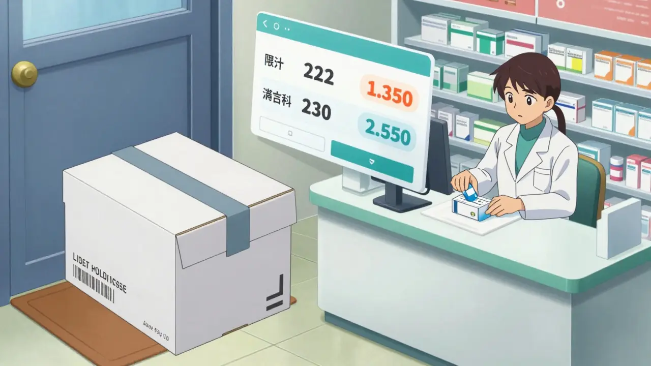 Illustration comparing home delivery and local pharmacy pickup options