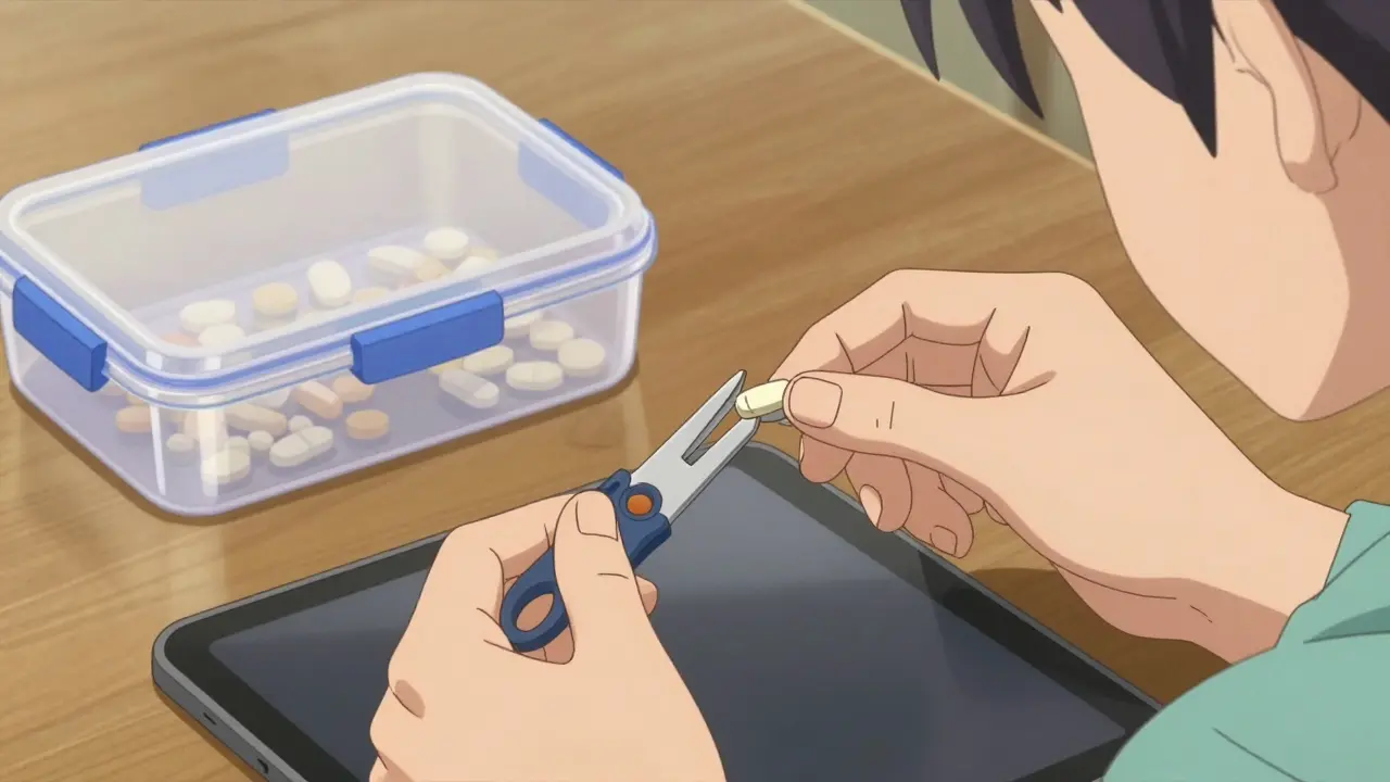 Person safely splitting a pill with a tablet cutter