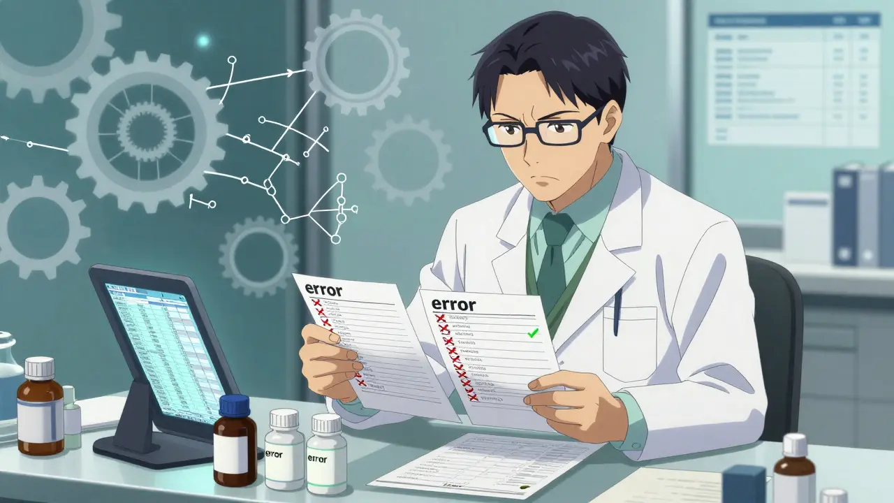 Pharmacist carefully verifying medication lists against pill bottles.