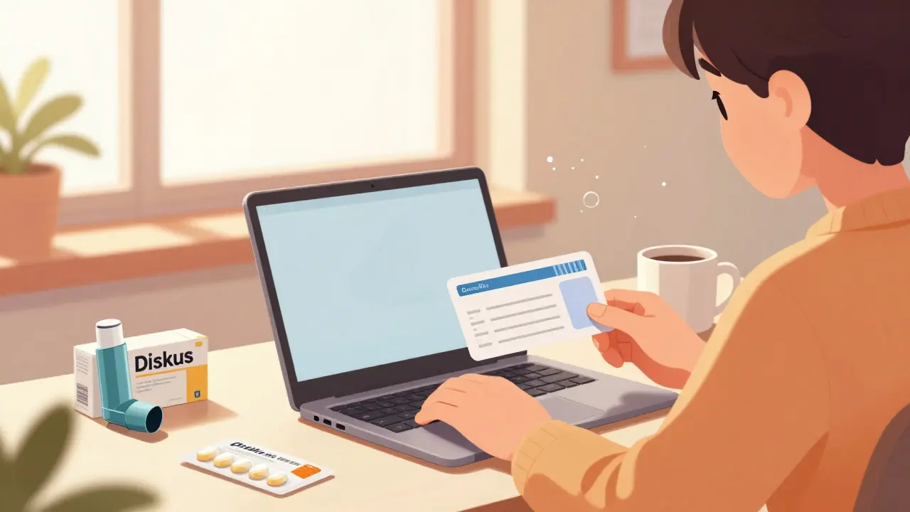 Relieved person reviewing pharmacy discounts at home