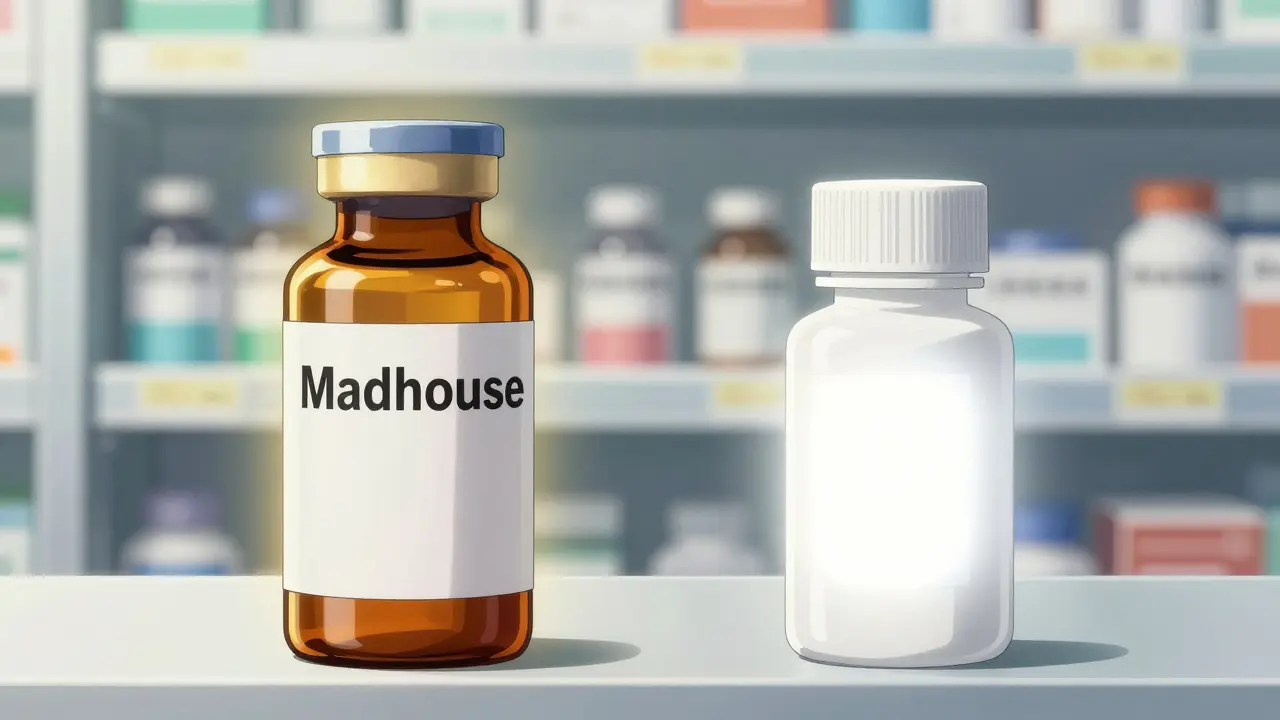 Side-by-side comparison of brand name and generic medicine bottles showing equal quality