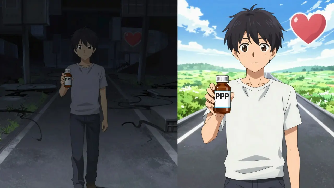 Split screen anime art comparing risky vs safe medication pathways
