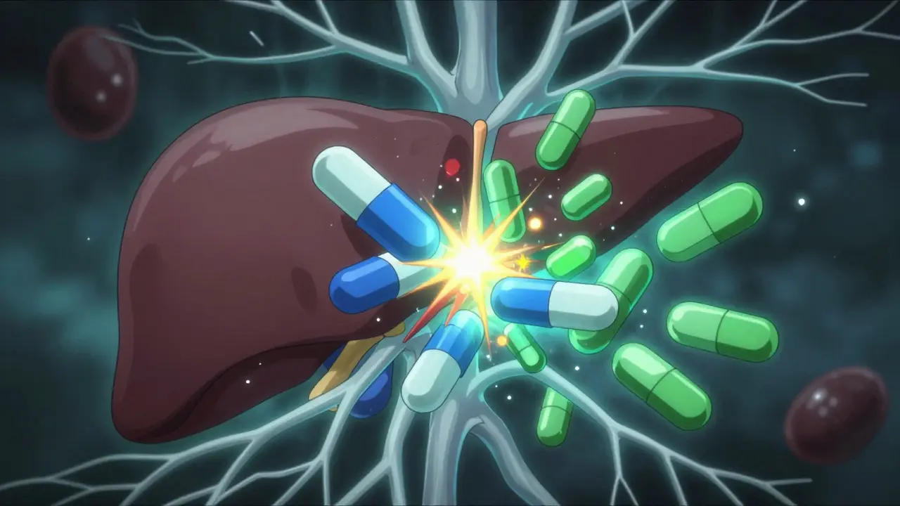 Stylized visualization of herbal and drug interactions in the body.
