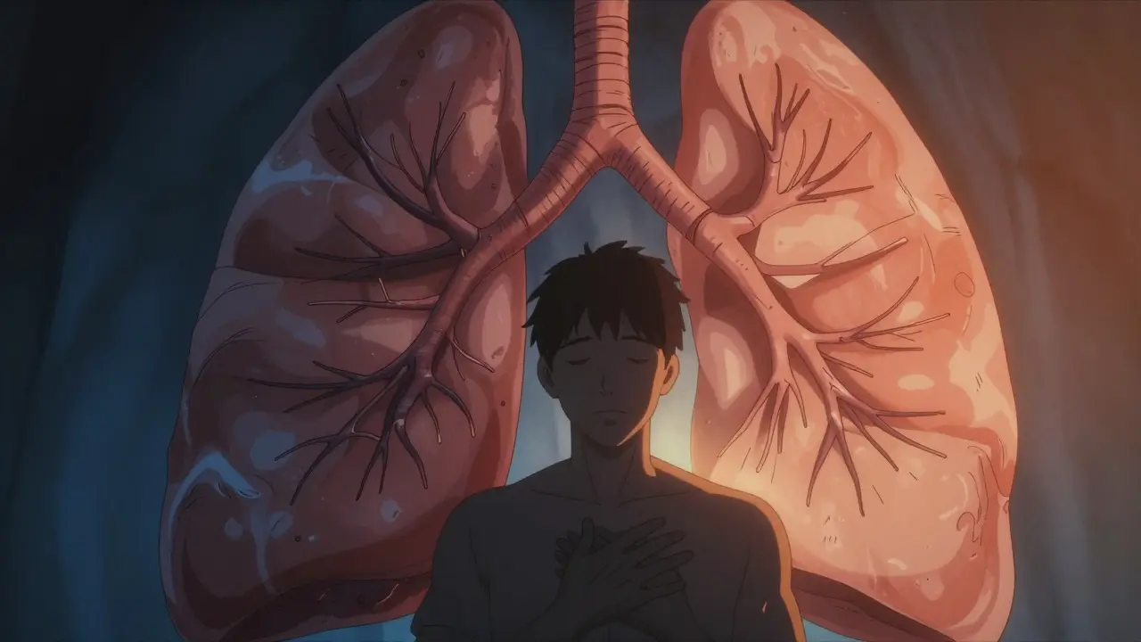Anime-style cross-section of lungs showing contrast between constricted and open airways