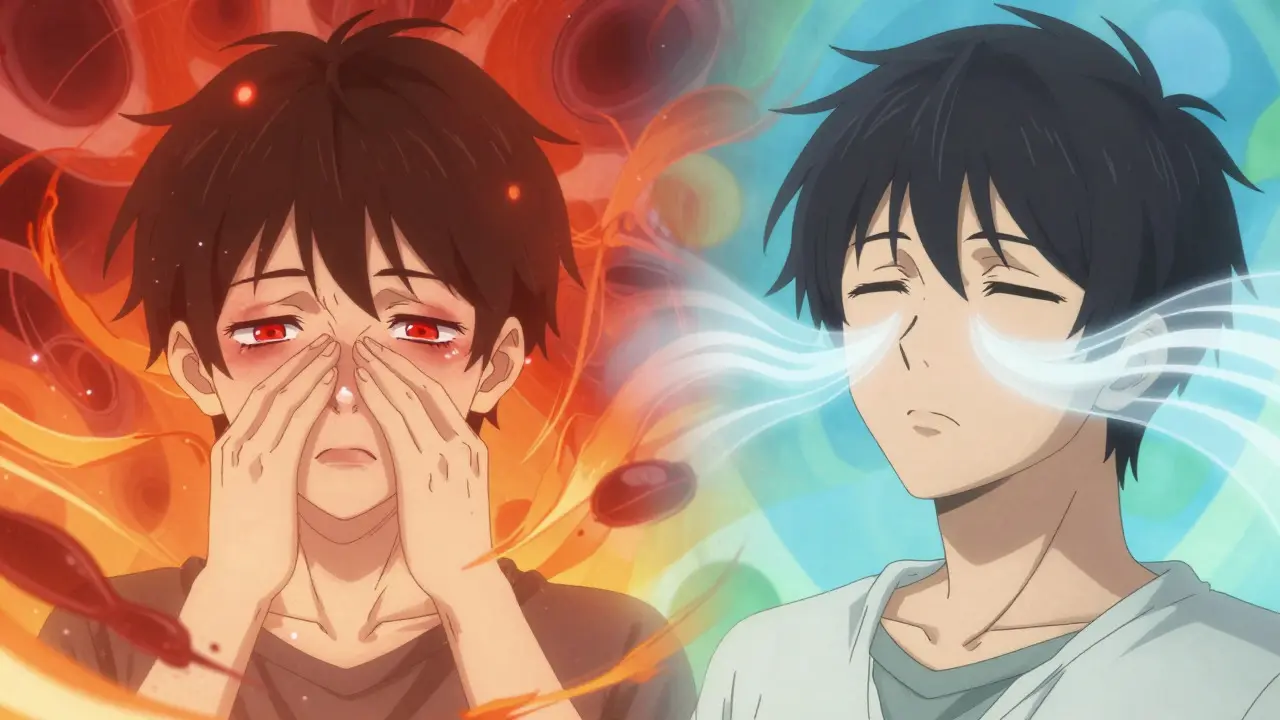Conceptual anime split showing allergic discomfort versus relief