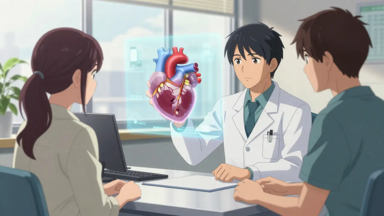 Doctor and patient discussing heart health with a holographic heart model in an anime clinic