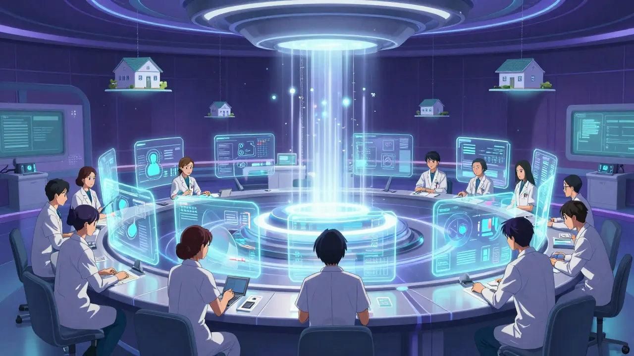 Futuristic hospital staff using holographic health data interfaces