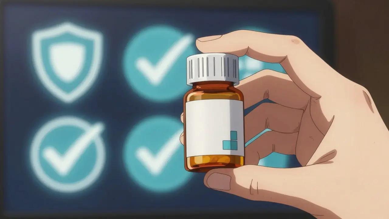 Hand holding generic antibiotic bottle with safety symbols in background