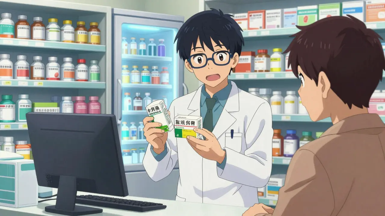 Madhouse style anime of a pharmacist comparing generic and biosimilar medications