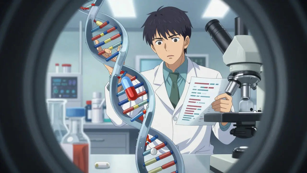 Microscopic view of DNA and pills showing complex drug interactions