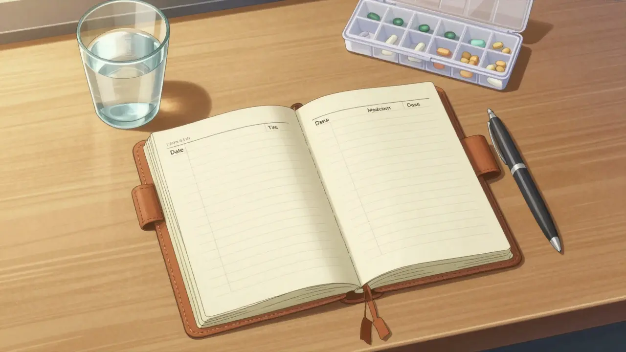 Overhead view of organized medication log notebook, pen, and water glass on desk