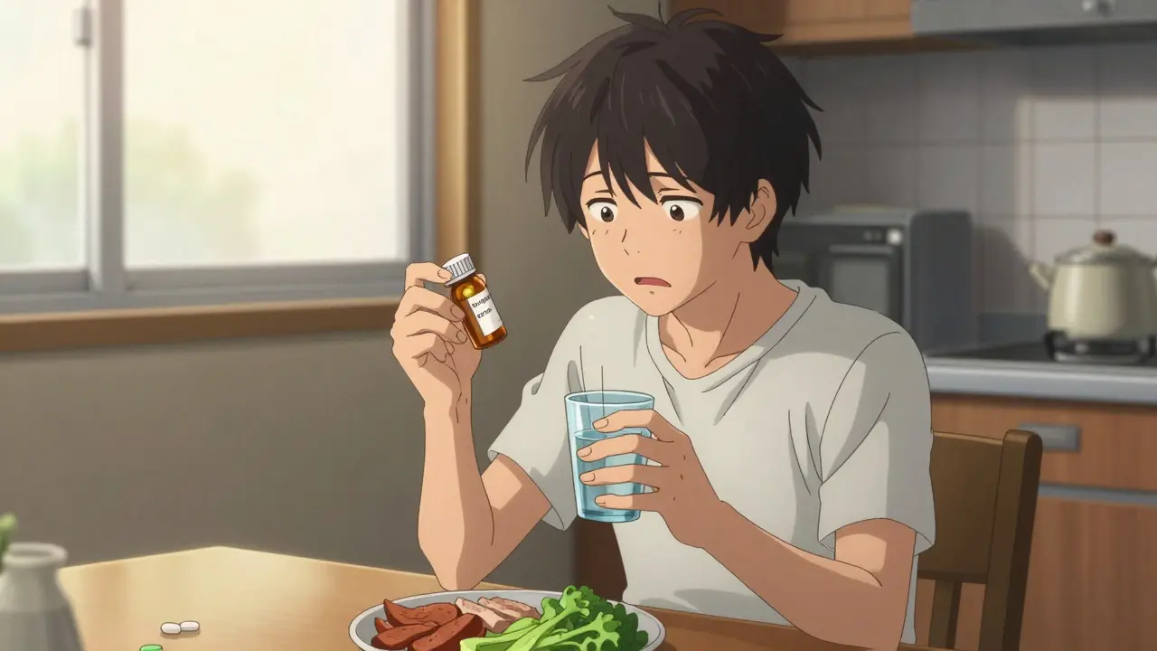 Patient taking an oral GLP-1 pill with a healthy meal in a bright kitchen