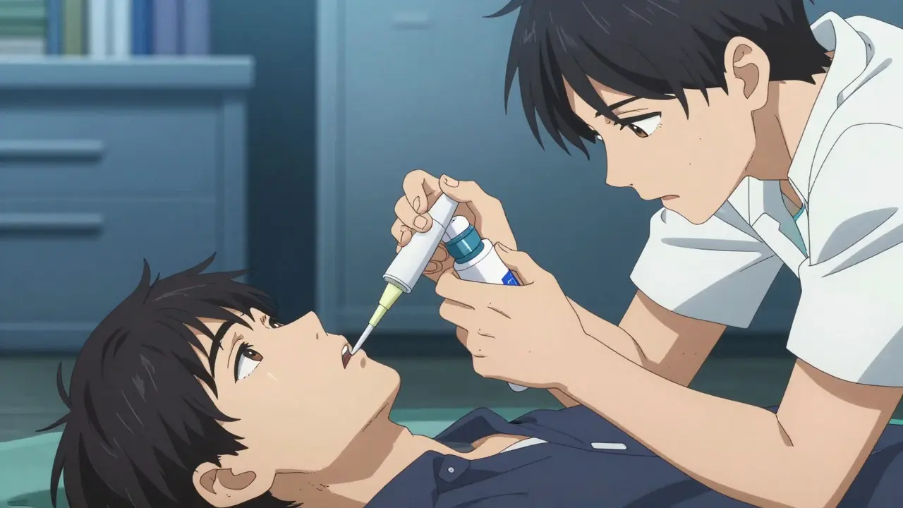 Person administering nasal naloxone during an emergency