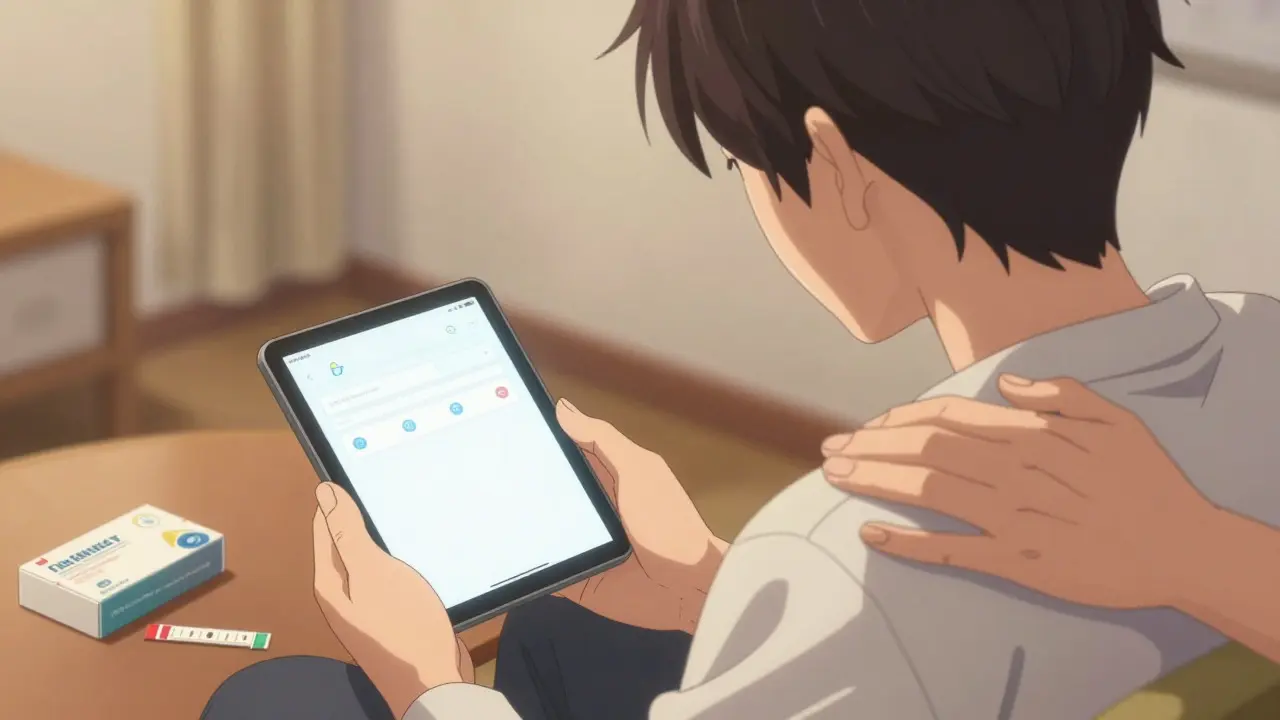 Person checking medication app with friend nearby, symbolizing safety and support