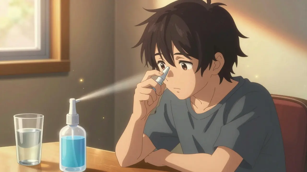 Person demonstrating correct nasal spray technique in a sunlit room