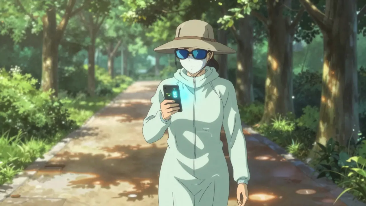 Person in protective clothing checking UV levels in an anime park scene