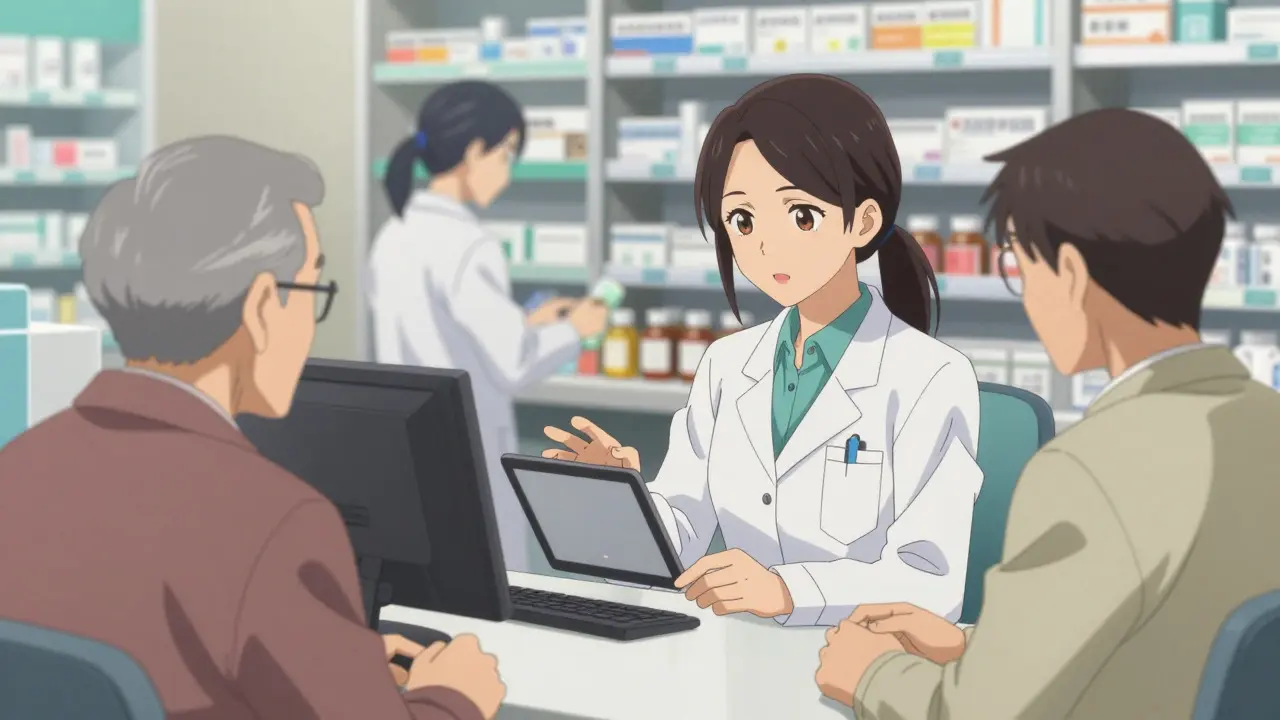Pharmacist consulting with an elderly patient in a clinic setting
