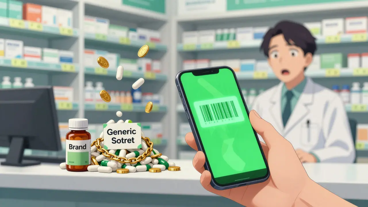 Pharmacy counter comparing expensive brand vs cheap generic