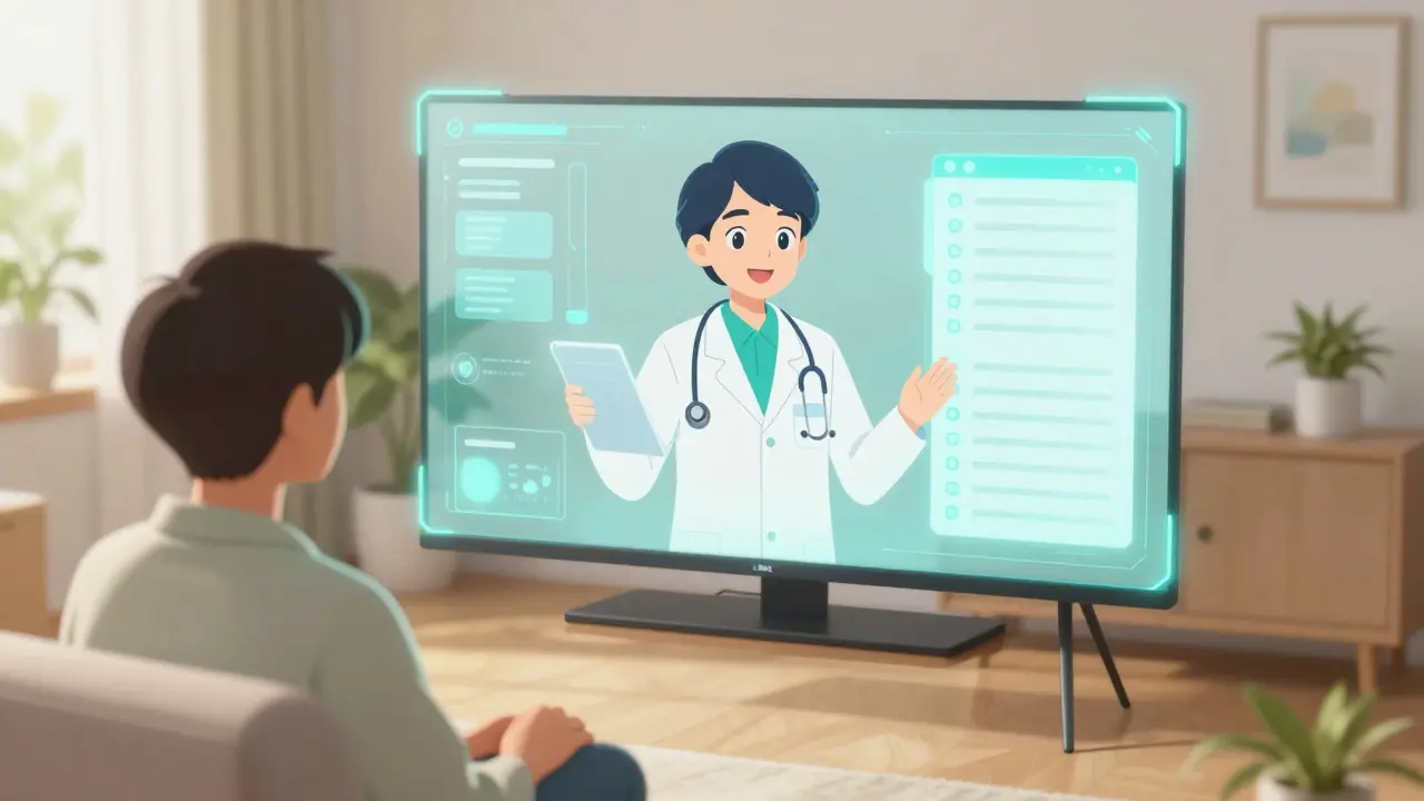 Relieved patient consulting with doctor via holographic telehealth screen