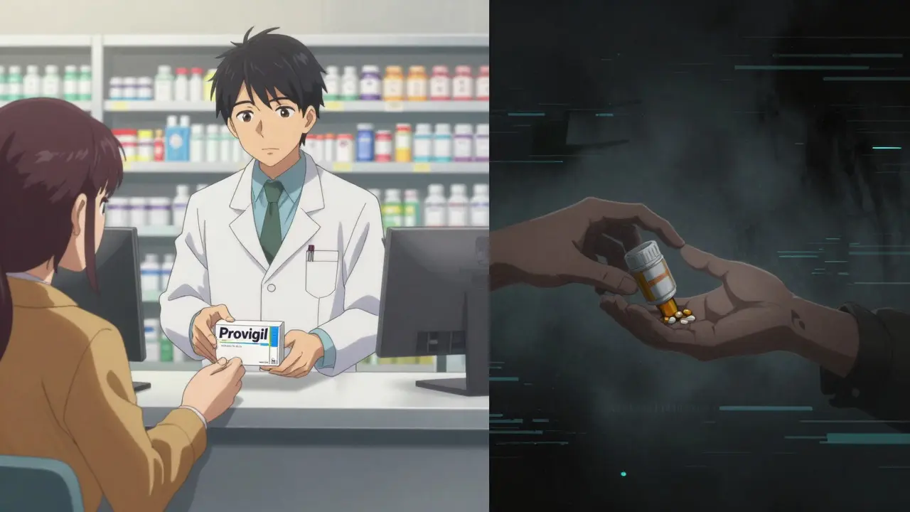 Split scene comparing safe pharmacy purchase vs risky grey market option