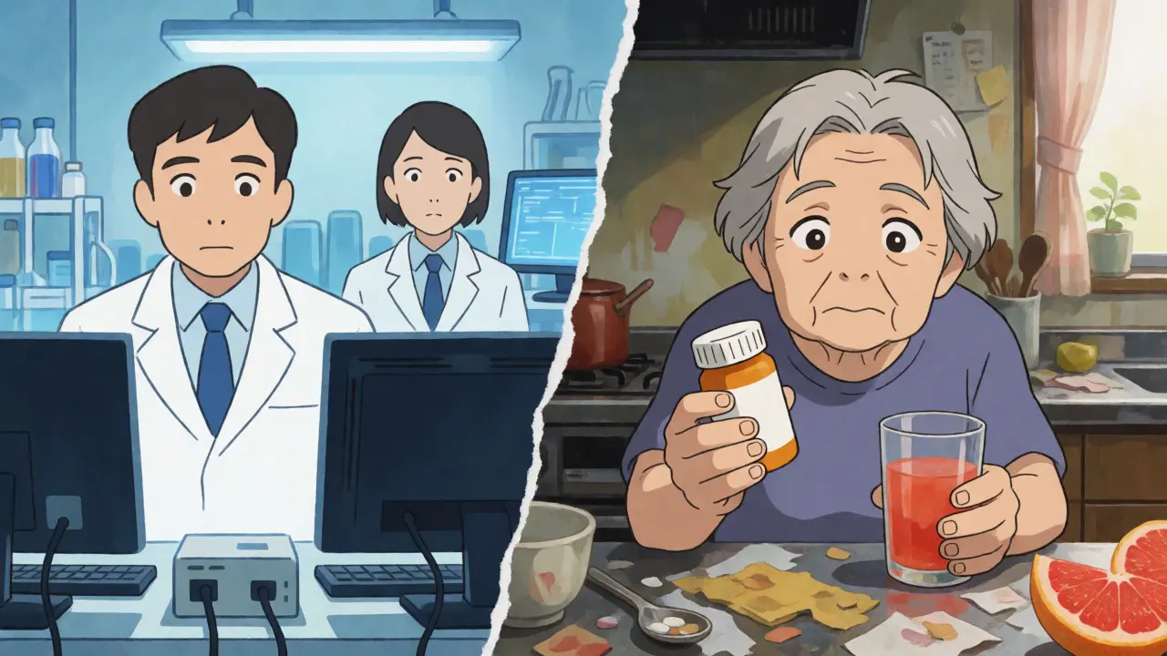 Split scene contrasting a sterile lab with an elderly patient holding pills and grapefruit juice at home.