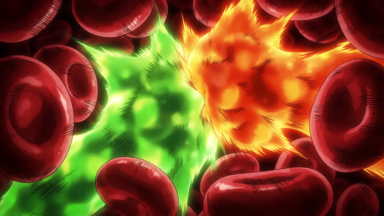 Stylized anime depiction of two drugs colliding in the bloodstream, illustrating dangerous chemical interactions.
