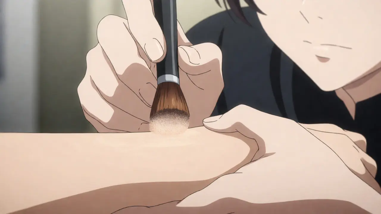 Close-up of applying camouflage foundation to skin patches with a brush
