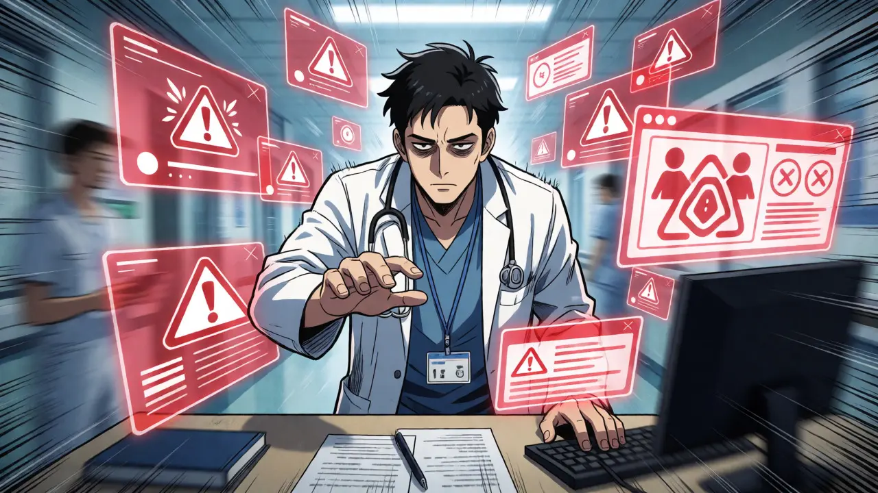 Exhausted doctor overwhelmed by floating red warning alerts in hospital