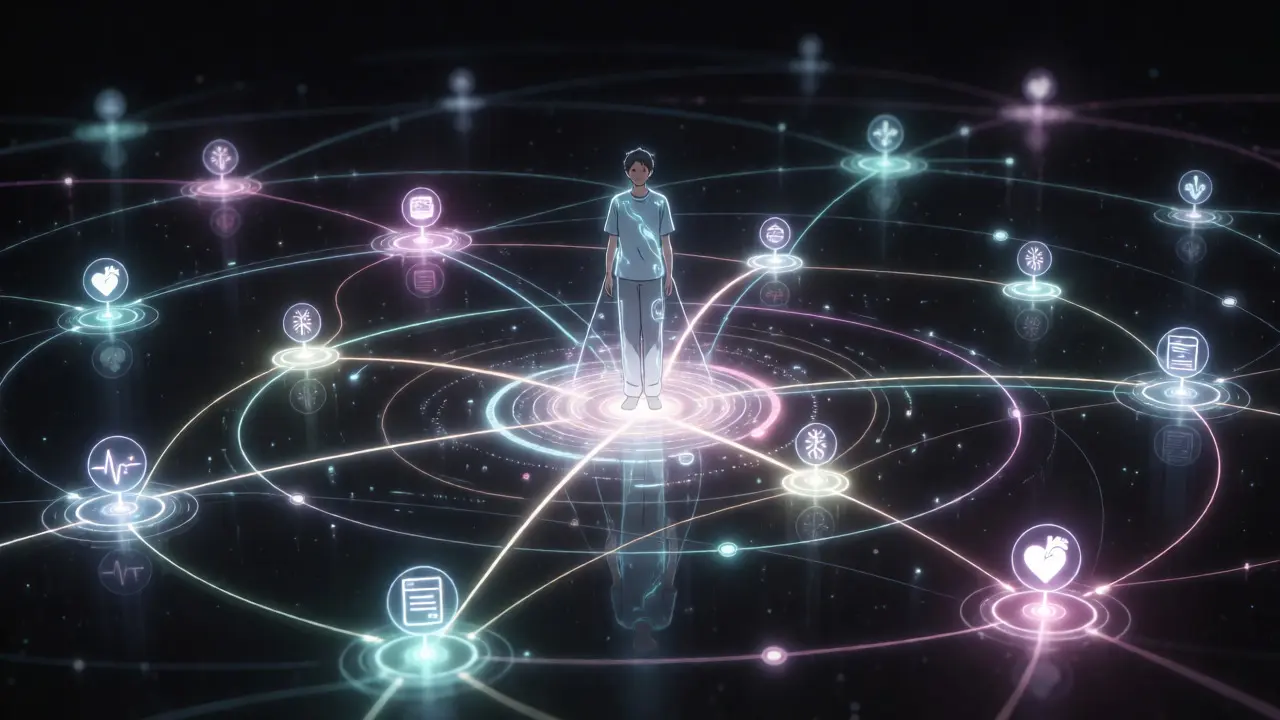 Patient surrounded by glowing blue and pink data networks representing AI monitoring